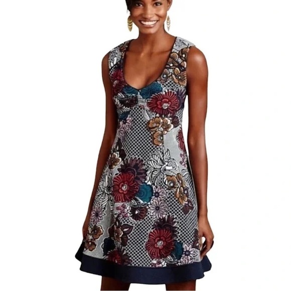 Anthropologie Maeve Blue Floral Keyhole Back Fairchild Flared Dress Size XS - Picture 7 of 7